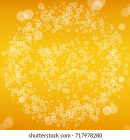 Beer background with realistic bubbles. Cool liquid drink for pub and bar menu design, banners and flyers. Yellow square beer background with white frothy foam. Cold pint of golden lager or ale.