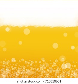 Beer background with realistic bubbles. Cool liquid drink for pub and bar menu design, banners and flyers. Yellow square beer background with white frothy foam. Cold pint of golden lager or ale.