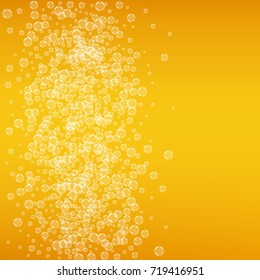 Beer background with realistic bubbles. Cool beverage for restaurant menu design, banners and flyers. Yellow square beer background with white frothy foam. Cold glass of ale for brewery design.