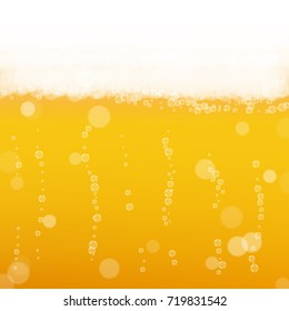 Beer background with realistic bubbles. Cool liquid drink for pub and bar menu design, banners and flyers. Yellow square beer background with white frothy foam. Fresh cup of lager for brewery design.