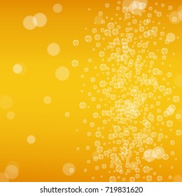 Beer background with realistic bubbles. Cool beverage for restaurant menu design, banners and flyers. Yellow square beer background with white frothy foam. Cold glass of ale for brewery design.