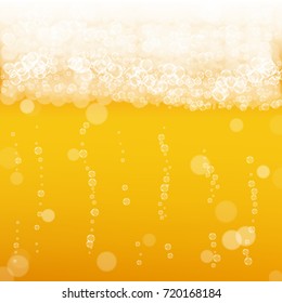 Beer background with realistic bubbles. Cool liquid drink for pub and bar menu design, banners and flyers. Yellow square beer background with white frothy foam. Fresh cup of lager for brewery design.