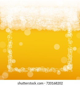 Beer background with realistic bubbles. Cool liquid drink for pub and bar menu design, banners and flyers. Yellow square beer background with white frothy foam. Fresh cup of lager for brewery design.
