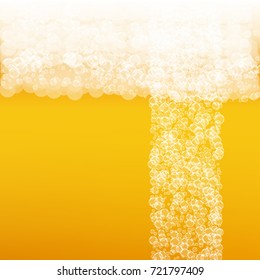 Beer background with realistic bubbles. Cool beverage for restaurant menu design, banners and flyers. Yellow square beer background with white frothy foam. Fresh cup of lager for brewery design.