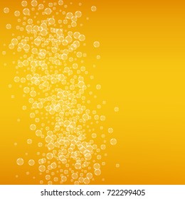 Beer background with realistic bubbles. Cool beverage for restaurant menu design, banners and flyers. Yellow square beer background with white frothy foam. Cold pint of golden lager or ale.