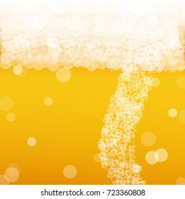 Beer background with realistic bubbles. Cool liquid drink for pub and bar menu design, banners and flyers. Yellow square beer background with white frothy foam. Fresh cup of lager for brewery design.
