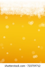 Beer background with realistic bubbles. Cool liquid drink for pub and bar menu design, banners and flyers. Yellow vertical beer background with white frothy foam. Cold pint of golden lager or ale.