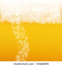 Beer background with realistic bubbles. Cool beverage for restaurant menu design, banners and flyers. Yellow square beer background with white frothy foam. Cold glass of ale for brewery design.