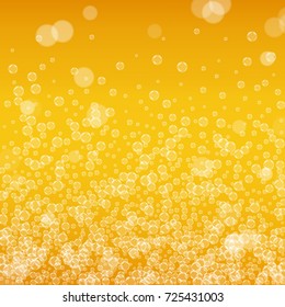 Beer background with realistic bubbles. Cool beverage for restaurant menu design, banners and flyers. Yellow square beer background with white frothy foam. Fresh cup of lager for brewery design.