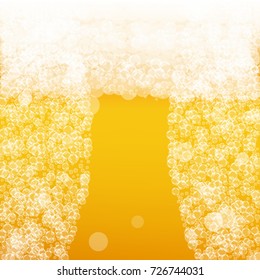 Beer background with realistic bubbles. Cool beverage for restaurant menu design, banners and flyers. Yellow square beer background with white frothy foam. Cold pint of golden lager or ale.