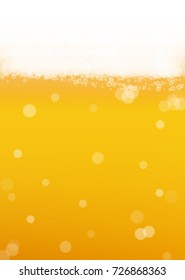 Beer background with realistic bubbles. Cool liquid drink for pub and bar menu design, banners and flyers. Yellow vertical beer background with white frothy foam. Cold glass of ale for brewery design.