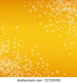 Beer background with realistic bubbles. Cool beverage for restaurant menu design, banners and flyers. Yellow square beer background with white frothy foam. Cold pint of golden lager or ale.