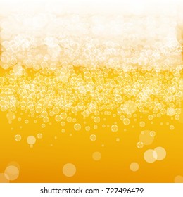 Beer background with realistic bubbles. Cool liquid drink for pub and bar menu design, banners and flyers. Yellow square beer background with white frothy foam. Cold pint of golden lager or ale.