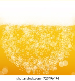 Beer background with realistic bubbles. Cool liquid drink for pub and bar menu design, banners and flyers. Yellow square beer background with white frothy foam. Cold pint of golden lager or ale.