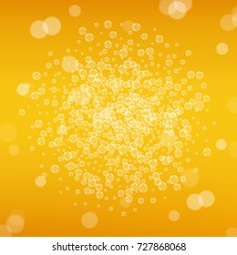 Beer background with realistic bubbles. Cool beverage for restaurant menu design, banners and flyers. Yellow square beer background with white frothy foam. Cold pint of golden lager or ale.