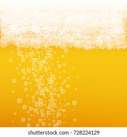 Beer background with realistic bubbles. Cool liquid drink for pub and bar menu design, banners and flyers. Yellow square beer background with white frothy foam. Cold glass of ale for brewery design.