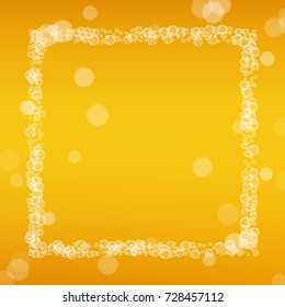 Beer background with realistic bubbles. Cool liquid drink for pub and bar menu design, banners and flyers. Yellow square beer background with white frothy foam. Fresh cup of lager for brewery design.