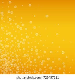 Beer background with realistic bubbles. Cool liquid drink for pub and bar menu design, banners and flyers. Yellow square beer background with white frothy foam. Fresh cup of lager for brewery design.