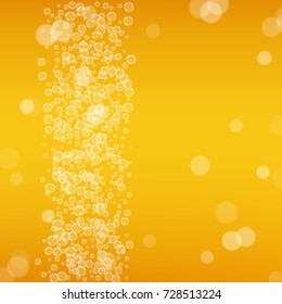 Beer background with realistic bubbles. Cool beverage for restaurant menu design, banners and flyers. Yellow square beer background with white frothy foam. Cold glass of ale for brewery design.