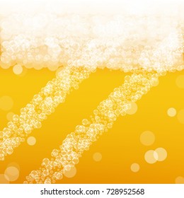 Beer background with realistic bubbles. Cool liquid drink for pub and bar menu design, banners and flyers. Yellow square beer background with white frothy foam. Cold glass of ale for brewery design.