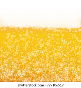 Beer background with realistic bubbles. Cool beverage for restaurant menu design, banners and flyers. Yellow square beer background with white frothy foam. Fresh cup of lager for brewery design.