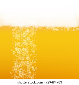 Beer background with realistic bubbles. Cool beverage for restaurant menu design, banners and flyers. Yellow square beer background with white frothy foam. Fresh cup of lager for brewery design.