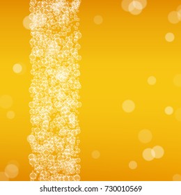Beer background with realistic bubbles. Cool beverage for restaurant menu design, banners and flyers. Yellow square beer background with white frothy foam. Fresh cup of lager for brewery design.