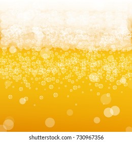 Beer background with realistic bubbles. Cool liquid drink for pub and bar menu design, banners and flyers. Yellow square beer background with white frothy foam. Cold glass of ale for brewery design.