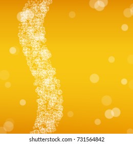 Beer background with realistic bubbles. Cool liquid drink for pub and bar menu design, banners and flyers. Yellow square beer background with white frothy foam. Cold glass of ale for brewery design.