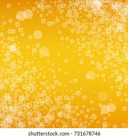 Beer background with realistic bubbles. Cool liquid drink for pub and bar menu design, banners and flyers. Yellow square beer background with white frothy foam. Cold pint of golden lager or ale.