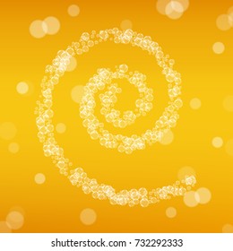 Beer background with realistic bubbles. Cool liquid drink for pub and bar menu design, banners and flyers. Yellow square beer background with white frothy foam. Fresh cup of lager for brewery design.