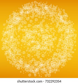 Beer background with realistic bubbles. Cool liquid drink for pub and bar menu design, banners and flyers. Yellow square beer background with white frothy foam. Cold pint of golden lager or ale.