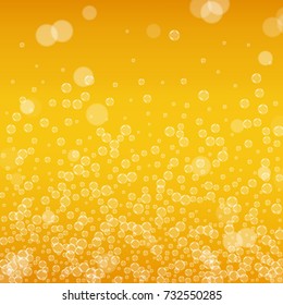 Beer background with realistic bubbles. Cool beverage for restaurant menu design, banners and flyers. Yellow square beer background with white frothy foam. Fresh cup of lager for brewery design.