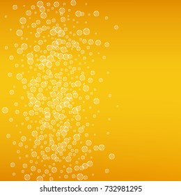 Beer background with realistic bubbles. Cool beverage for restaurant menu design, banners and flyers. Yellow square beer background with white frothy foam. Cold glass of ale for brewery design.