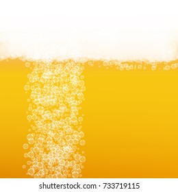 Beer background with realistic bubbles. Cool beverage for restaurant menu design, banners and flyers. Yellow square beer background with white frothy foam. Fresh cup of lager for brewery design.