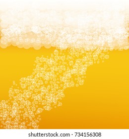 Beer background with realistic bubbles. Cool beverage for restaurant menu design, banners and flyers. Yellow square beer background with white frothy foam. Cold glass of ale for brewery design.