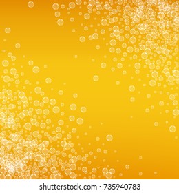 Beer background with realistic bubbles. Cool liquid drink for pub and bar menu design, banners and flyers. Yellow square beer background with white frothy foam. Cold pint of golden lager or ale.