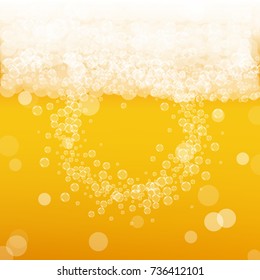 Beer background with realistic bubbles. Cool liquid drink for pub and bar menu design, banners and flyers. Yellow square beer background with white frothy foam. Cold glass of ale for brewery design.