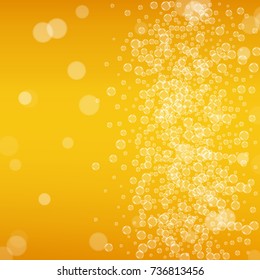 Beer background with realistic bubbles. Cool beverage for restaurant menu design, banners and flyers. Yellow square beer background with white frothy foam. Cold glass of ale for brewery design.