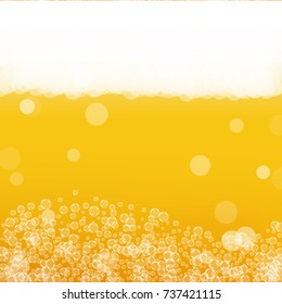 Beer background with realistic bubbles. Cool liquid drink for pub and bar menu design, banners and flyers. Yellow square beer background with white frothy foam. Cold glass of ale for brewery design.