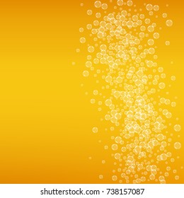 Beer background with realistic bubbles. Cool beverage for restaurant menu design, banners and flyers. Yellow square beer background with white frothy foam. Cold pint of golden lager or ale.