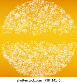 Beer background with realistic bubbles. Cool liquid drink for pub and bar menu design, banners and flyers. Yellow square beer background with white frothy foam. Cold pint of golden lager or ale.