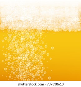 Beer background with realistic bubbles. Cool beverage for restaurant menu design, banners and flyers. Yellow square beer background with white frothy foam. Cold glass of ale for brewery design.