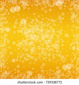 Beer background with realistic bubbles. Cool liquid drink for pub and bar menu design, banners and flyers. Yellow square beer background with white frothy foam. Cold glass of ale for brewery design.