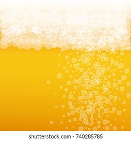 Beer background with realistic bubbles. Cool beverage for restaurant menu design, banners and flyers. Yellow square beer background with white frothy foam. Cold glass of ale for brewery design.