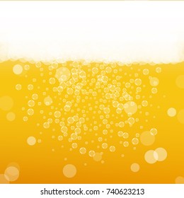 Beer background with realistic bubbles. Cool beverage for restaurant menu design, banners and flyers. Yellow square beer background with white frothy foam. Cold pint of golden lager or ale.