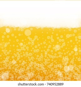 Beer background with realistic bubbles. Cool beverage for restaurant menu design, banners and flyers. Yellow square beer background with white frothy foam. Fresh cup of lager for brewery design.