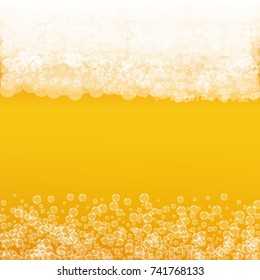 Beer background with realistic bubbles. Cool liquid drink for pub and bar menu design, banners and flyers. Yellow square beer background with white frothy foam. Cold pint of golden lager or ale.