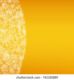 Beer background with realistic bubbles. Cool beverage for restaurant menu design, banners and flyers. Yellow square beer background with white frothy foam. Cold pint of golden lager or ale.