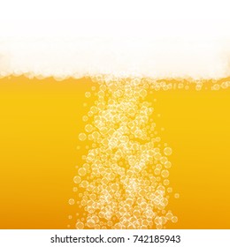 Beer background with realistic bubbles. Cool liquid drink for pub and bar menu design, banners and flyers. Yellow square beer background with white frothy foam. Fresh cup of lager for brewery design.